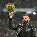 2022 winner Karim Benzema of Real Madrid holds the Ballon d'Or award