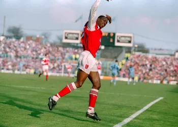 Ian Wright of Arsenal celebrates scoring against Coventry in 1993