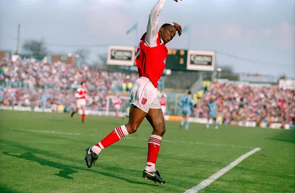 Ian Wright of Arsenal celebrates scoring against Coventry in 1993